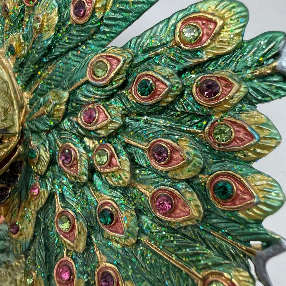 Peacock Trinket Box Enameled Rhinestone Bejeweled Jewelry Holder Green Gold VTG
